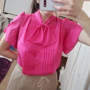Vintage Pink Tie Neck Pleated Blouse